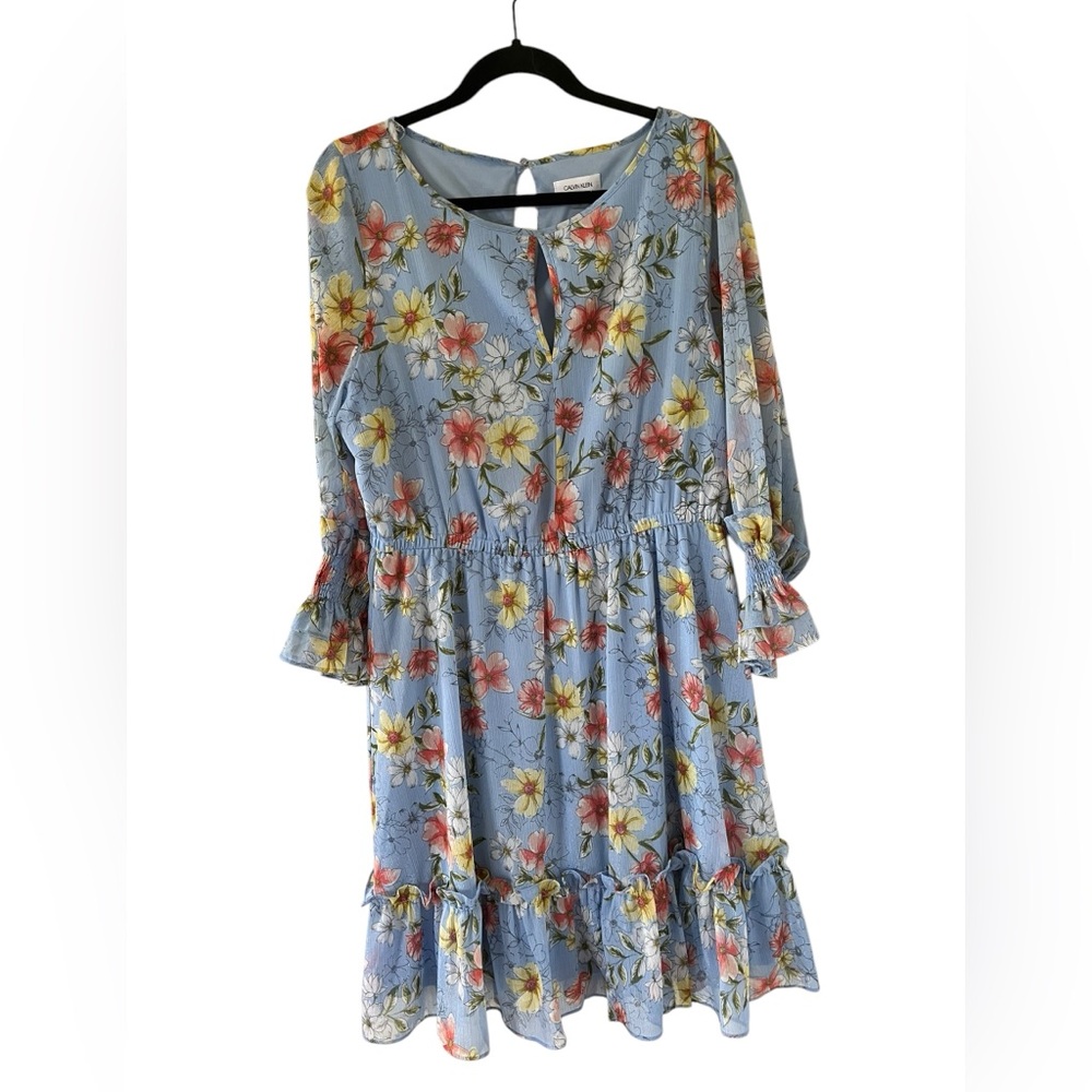 Calvin Klein  Floral Blue Dress with Ruffle Hem size 12